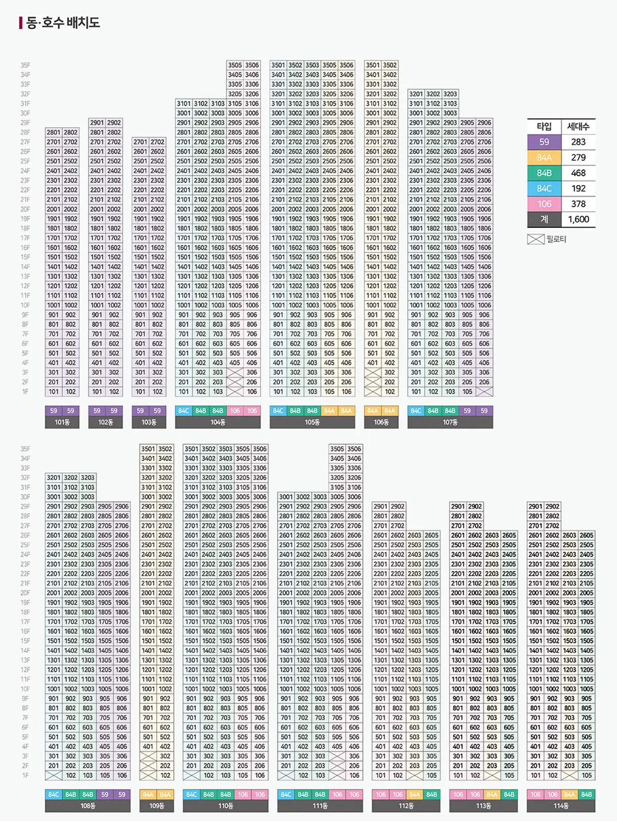 총 1,600세대 동호수표